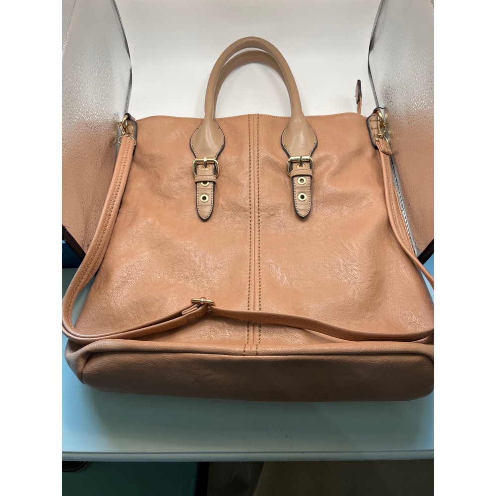 David Jones Tan Pebbled Faux Leather Tote Crossbody Bag Gold Hardware Handbag